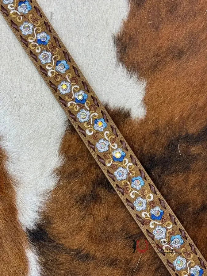 ANGEL RANCH BELT LIGHT TAN BLUE FLOWER STITCH EMBELLISH