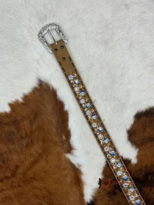 ANGEL RANCH BELT LIGHT TAN BLUE FLOWER STITCH EMBELLISH