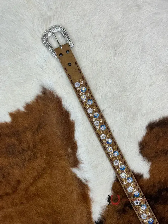 ANGEL RANCH BELT LIGHT TAN BLUE FLOWER STITCH EMBELLISH