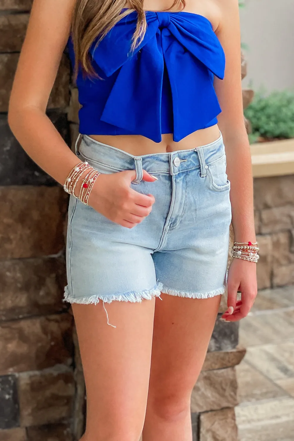 Angie High Rise Frayed Hem Denim Shorts - Light Wash