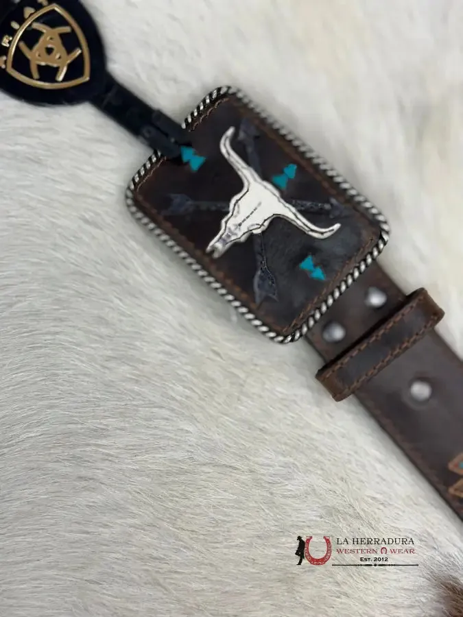 ARIAT BELT DARK BROWN AZTEC TURQUOISE LONGHORN BUCKLE