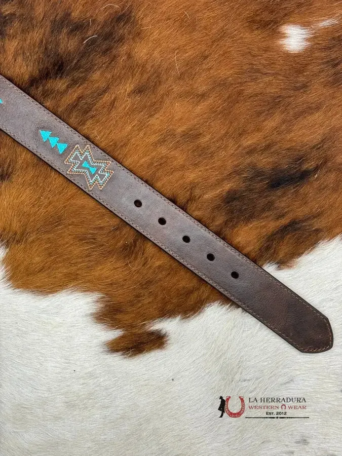 ARIAT BELT DARK BROWN AZTEC TURQUOISE LONGHORN BUCKLE