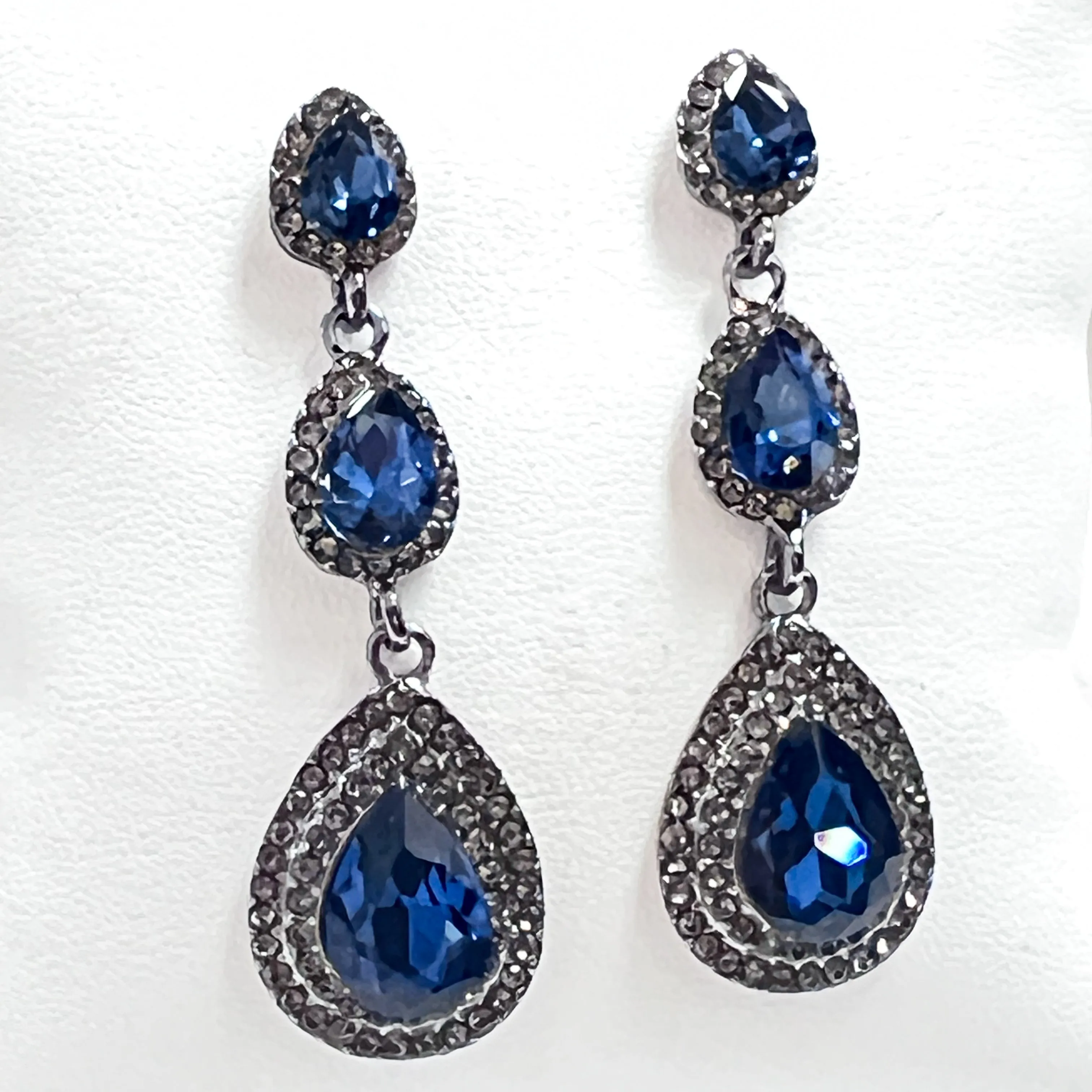 Ava - Tiered Teardrop Rhinestone Statement Earrings (Navy)