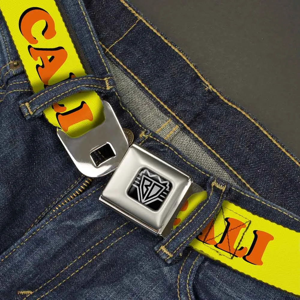 BD Wings Logo CLOSE-UP Full Color Black Silver Seatbelt Belt - CALI Yellow/Orange Webbing