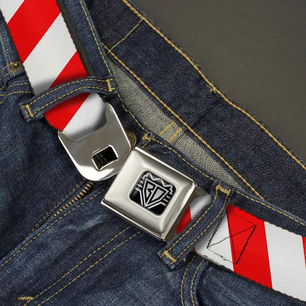 BD Wings Logo CLOSE-UP Full Color Black Silver Seatbelt Belt - Candy Cane2 Stripe White/Red Webbing