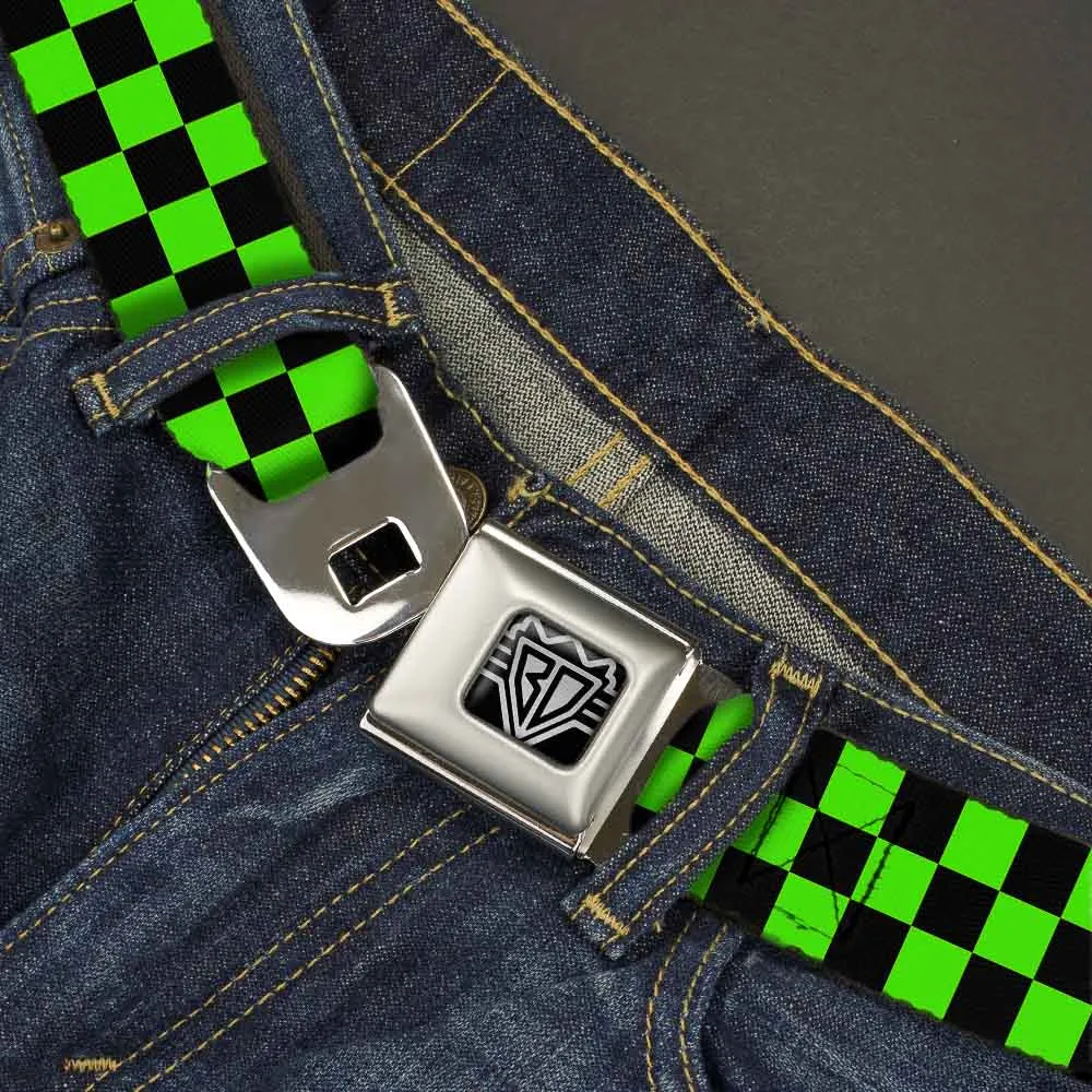 BD Wings Logo CLOSE-UP Full Color Black Silver Seatbelt Belt - Checker Black/Neon Green Webbing