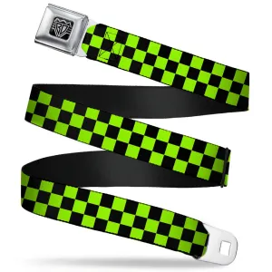 BD Wings Logo CLOSE-UP Full Color Black Silver Seatbelt Belt - Checker Black/Neon Green Webbing