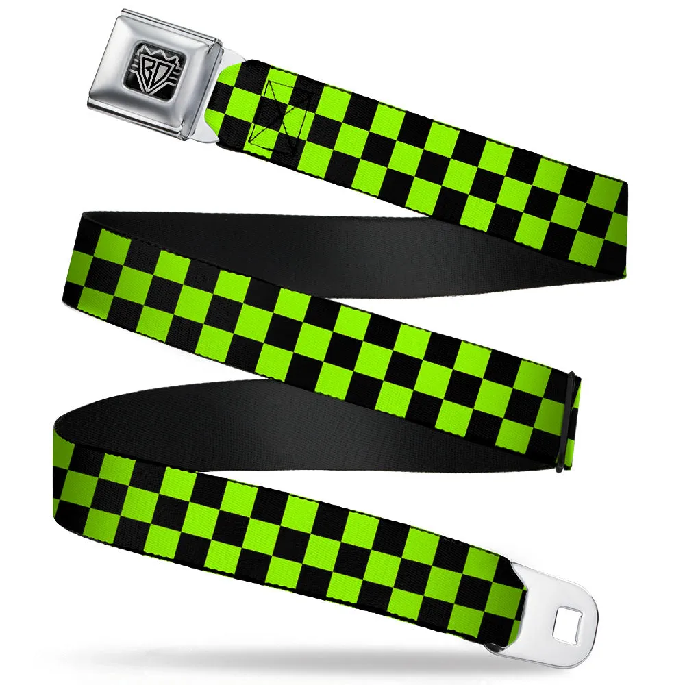 BD Wings Logo CLOSE-UP Full Color Black Silver Seatbelt Belt - Checker Black/Neon Green Webbing