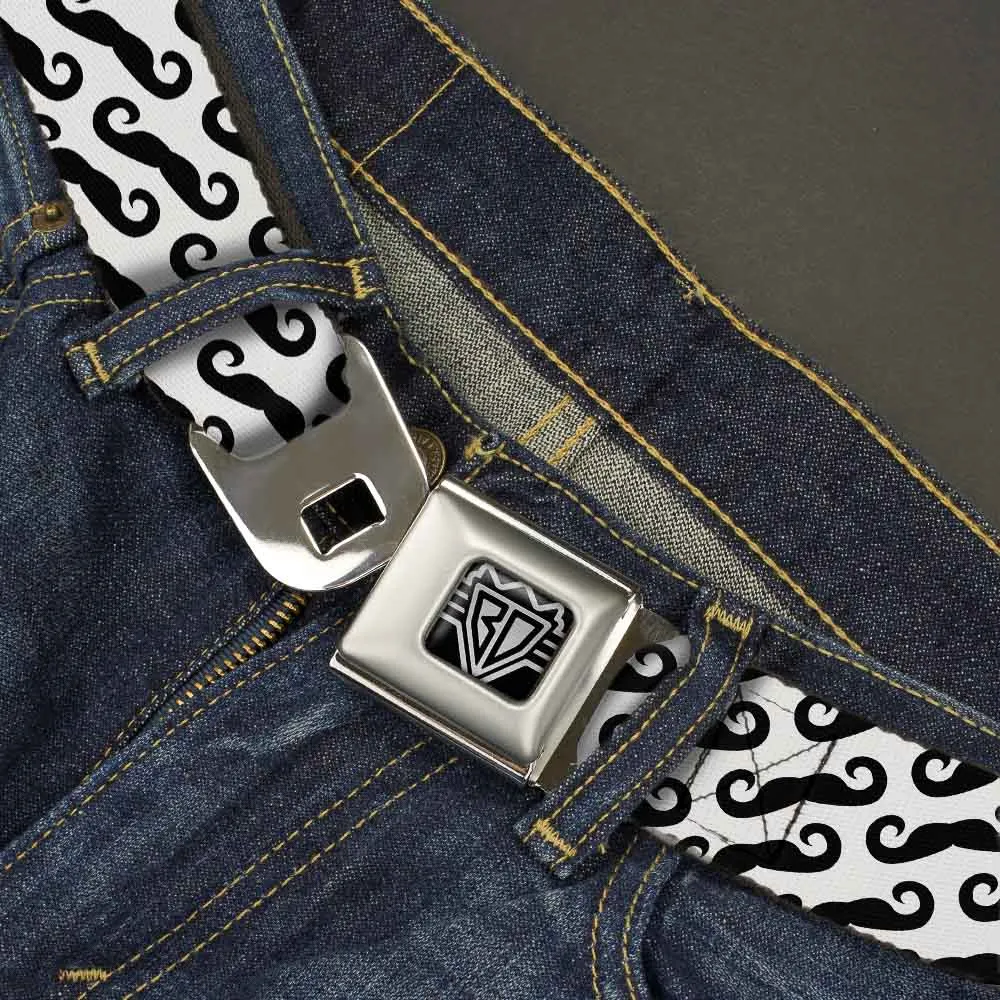 BD Wings Logo CLOSE-UP Full Color Black Silver Seatbelt Belt - Diagonal Handlebar Mustaches White/Black Webbing