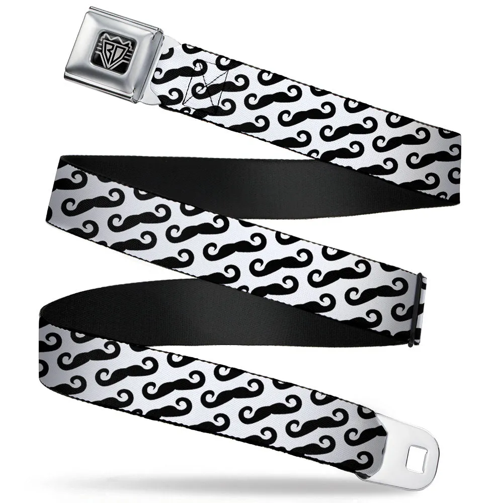 BD Wings Logo CLOSE-UP Full Color Black Silver Seatbelt Belt - Diagonal Handlebar Mustaches White/Black Webbing