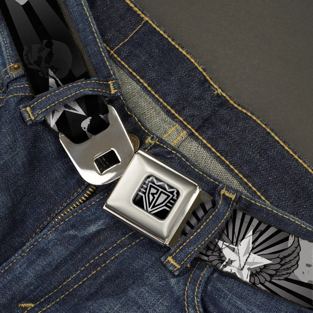 BD Wings Logo CLOSE-UP Full Color Black Silver Seatbelt Belt - Die Hard Skulls & Stars1 Black/Grays Webbing