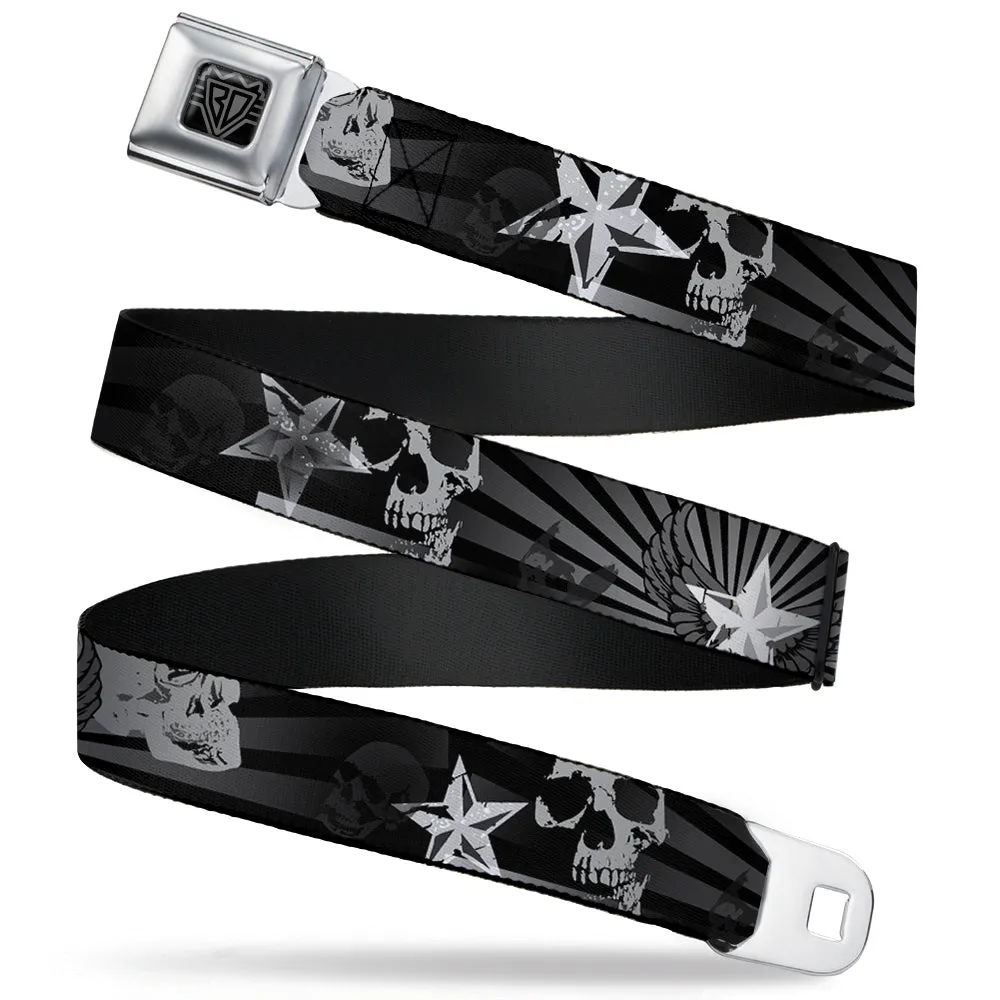 BD Wings Logo CLOSE-UP Full Color Black Silver Seatbelt Belt - Die Hard Skulls & Stars1 Black/Grays Webbing