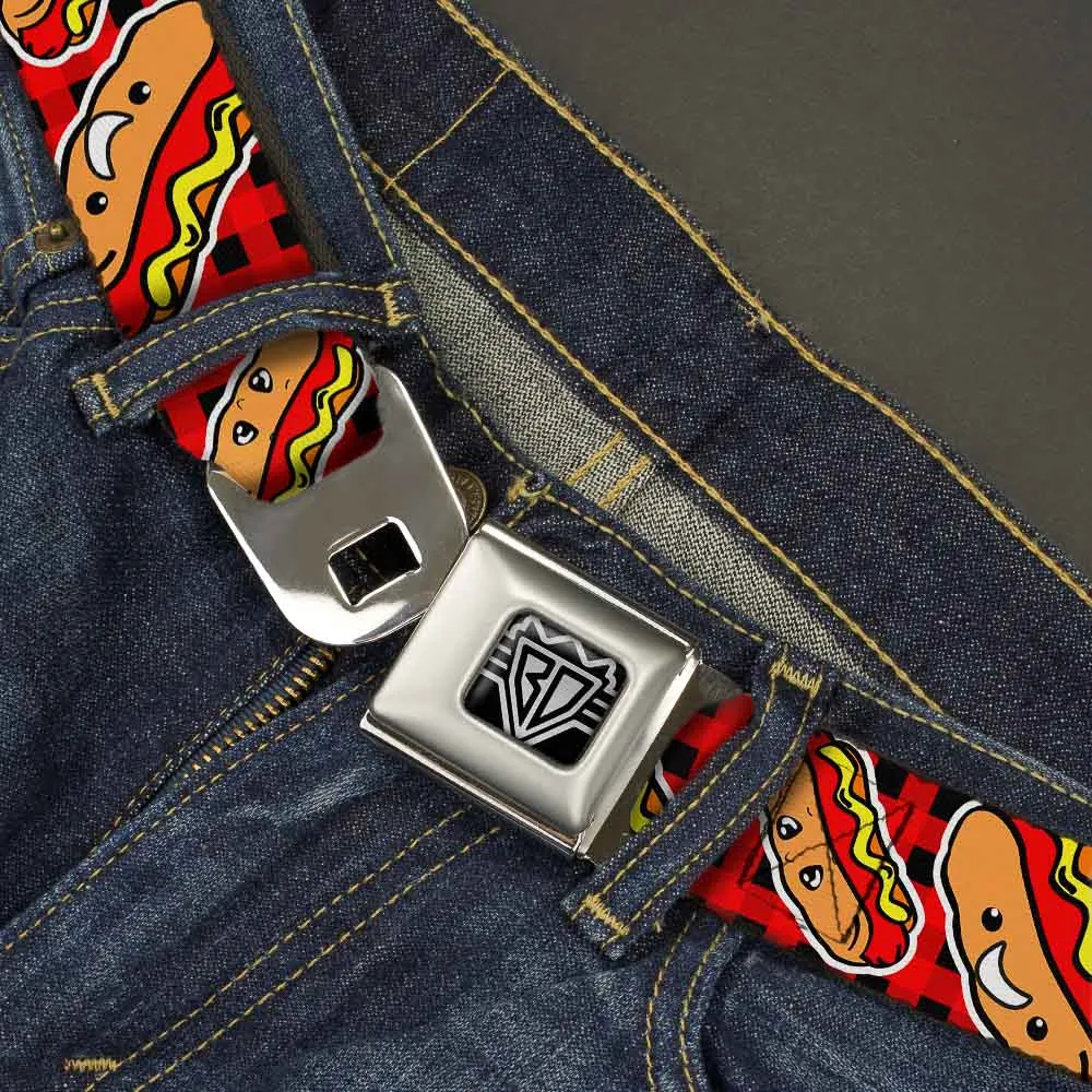 BD Wings Logo CLOSE-UP Full Color Black Silver Seatbelt Belt - Hot Dogs/Buffalo Plaid Black/Red Webbing