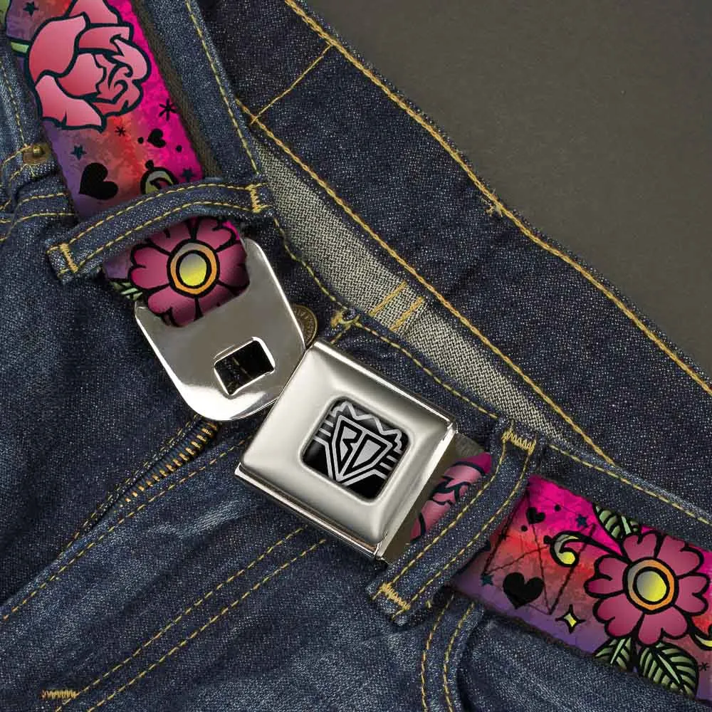BD Wings Logo CLOSE-UP Full Color Black Silver Seatbelt Belt - Love Love Pink Webbing