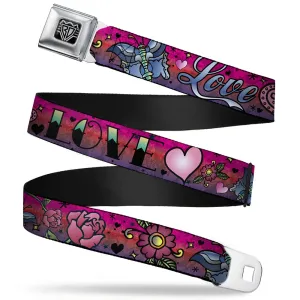 BD Wings Logo CLOSE-UP Full Color Black Silver Seatbelt Belt - Love Love Pink Webbing