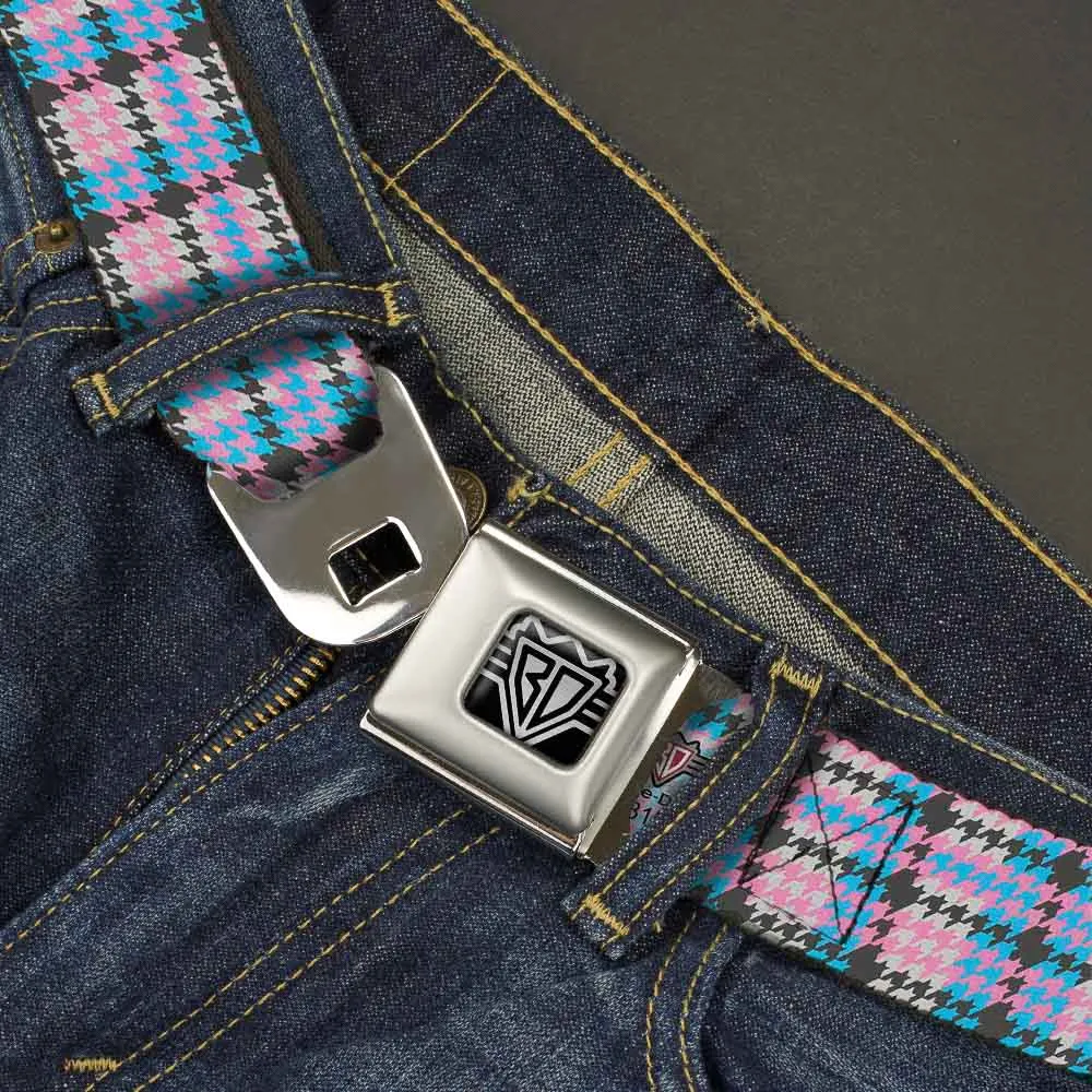BD Wings Logo CLOSE-UP Full Color Black Silver Seatbelt Belt - Mini Houndstooth Gray/Baby Blue/Pink Webbing