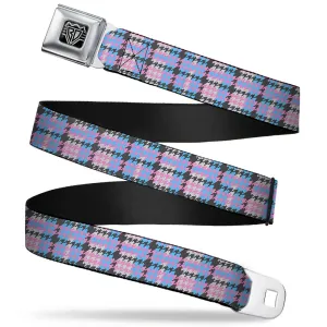 BD Wings Logo CLOSE-UP Full Color Black Silver Seatbelt Belt - Mini Houndstooth Gray/Baby Blue/Pink Webbing