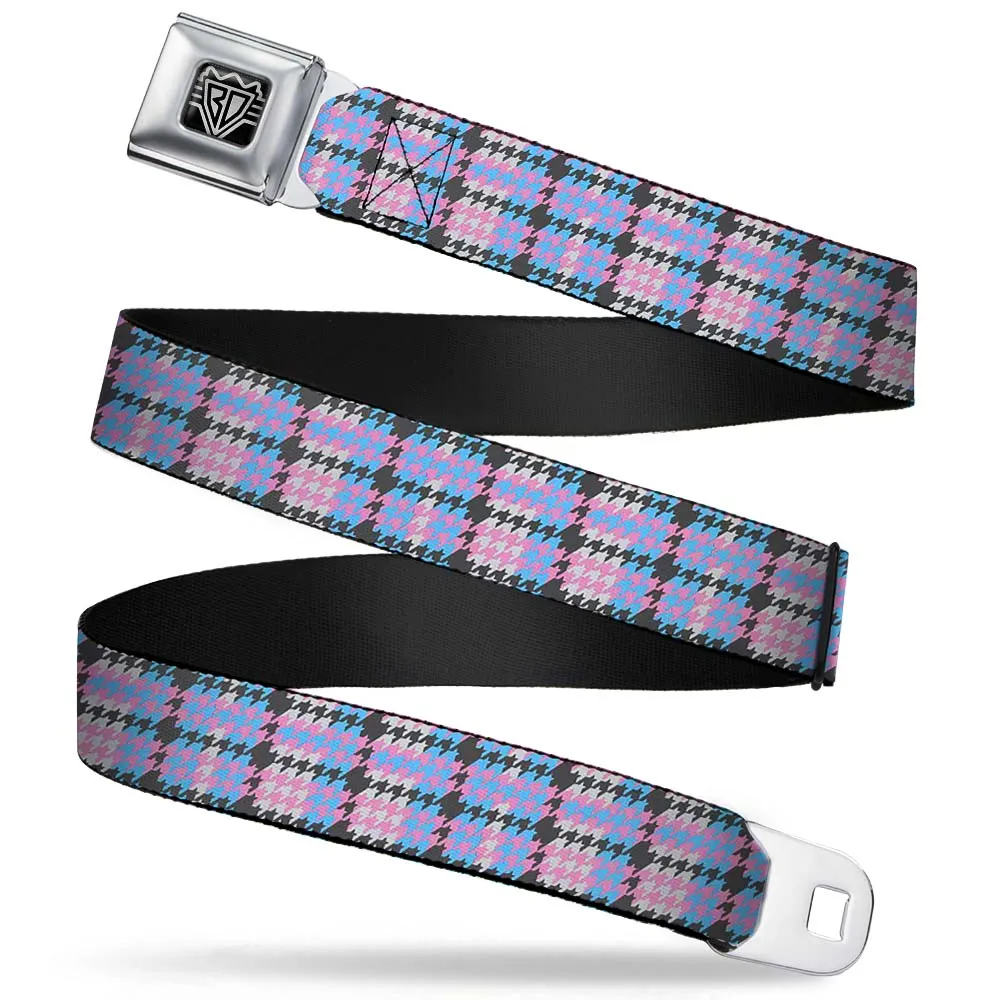 BD Wings Logo CLOSE-UP Full Color Black Silver Seatbelt Belt - Mini Houndstooth Gray/Baby Blue/Pink Webbing
