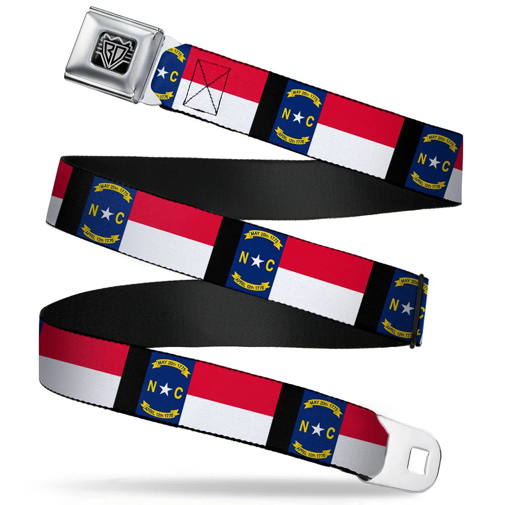 BD Wings Logo CLOSE-UP Full Color Black Silver Seatbelt Belt - North Carolina Flag/Black Webbing