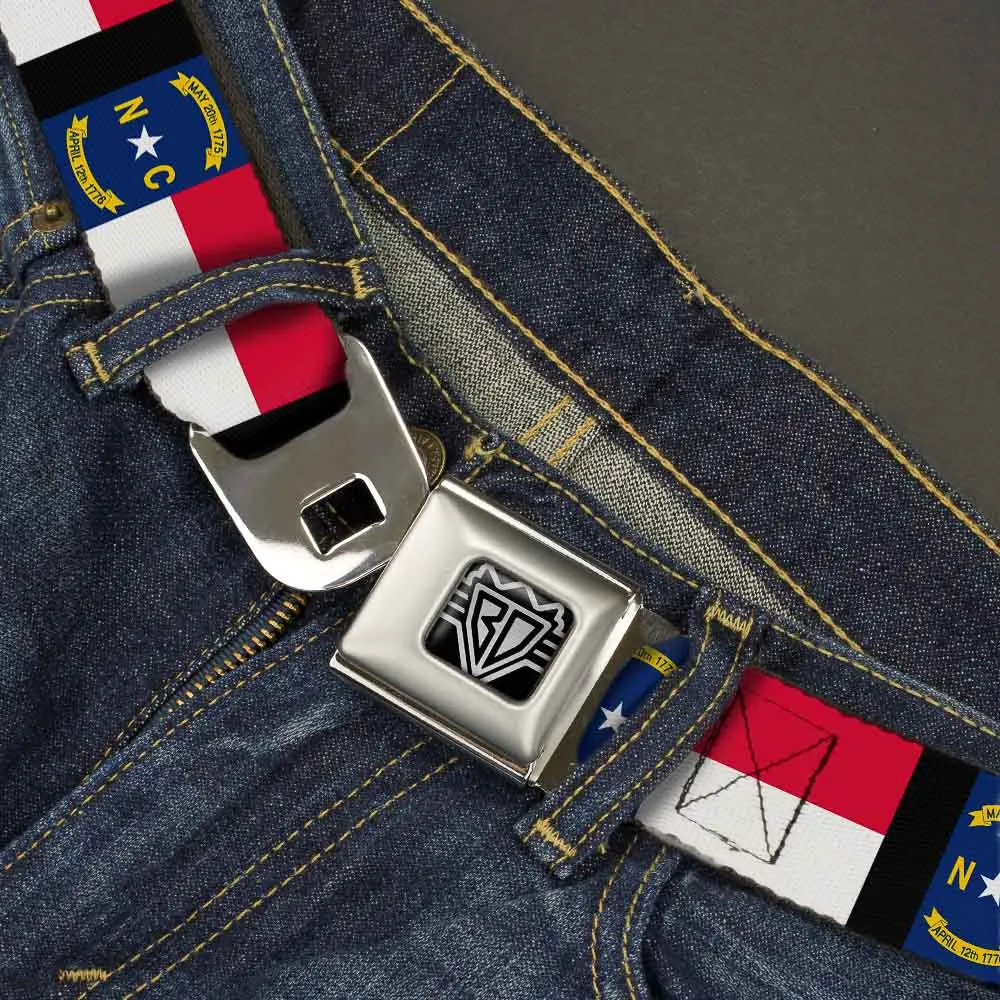 BD Wings Logo CLOSE-UP Full Color Black Silver Seatbelt Belt - North Carolina Flag/Black Webbing