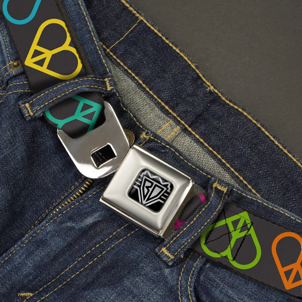 BD Wings Logo CLOSE-UP Full Color Black Silver Seatbelt Belt - Peace Hearts Repeat Black/Neon Webbing