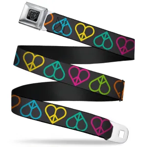 BD Wings Logo CLOSE-UP Full Color Black Silver Seatbelt Belt - Peace Hearts Repeat Black/Neon Webbing