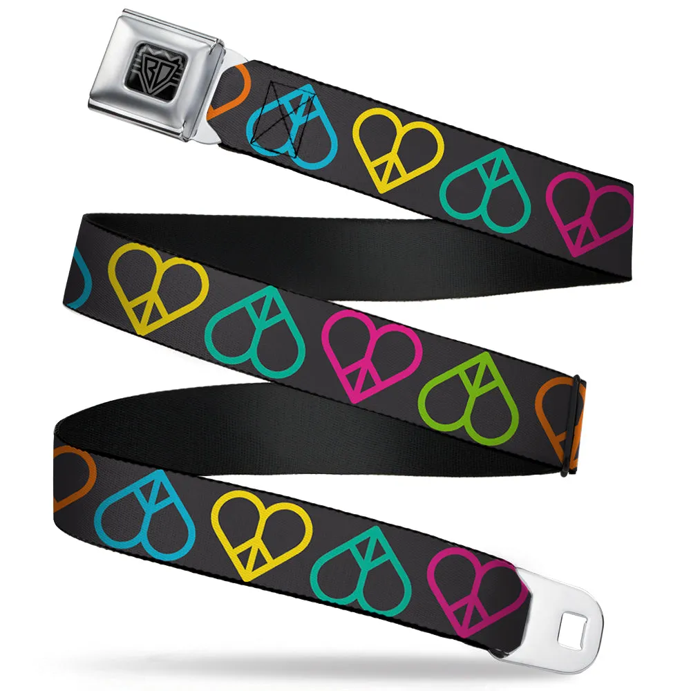 BD Wings Logo CLOSE-UP Full Color Black Silver Seatbelt Belt - Peace Hearts Repeat Black/Neon Webbing