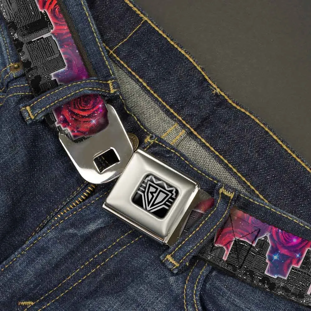 BD Wings Logo CLOSE-UP Full Color Black Silver Seatbelt Belt - Portland Vivid Skyline Cosmic Roses Webbing
