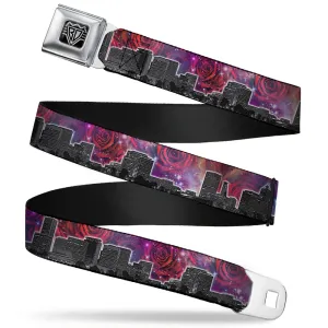 BD Wings Logo CLOSE-UP Full Color Black Silver Seatbelt Belt - Portland Vivid Skyline Cosmic Roses Webbing