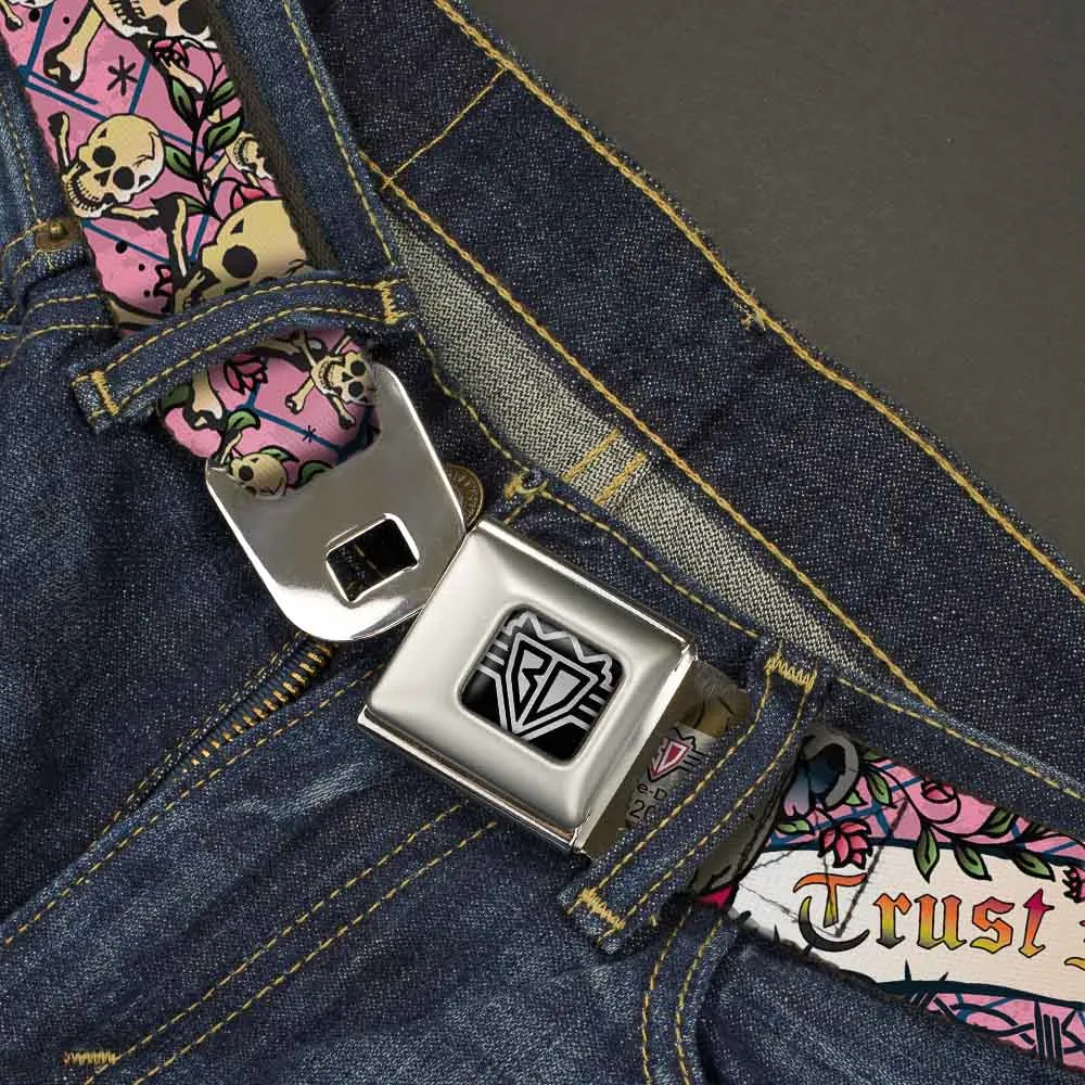 BD Wings Logo CLOSE-UP Full Color Black Silver Seatbelt Belt - Trust No One Pink Webbing