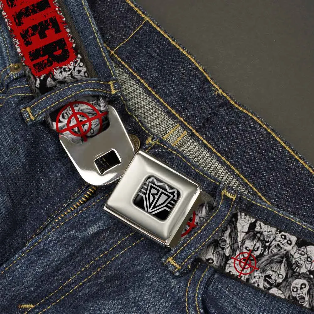 BD Wings Logo CLOSE-UP Full Color Black Silver Seatbelt Belt - ZOMBIE KILLER w/Stacked Zombies Sketch Webbing