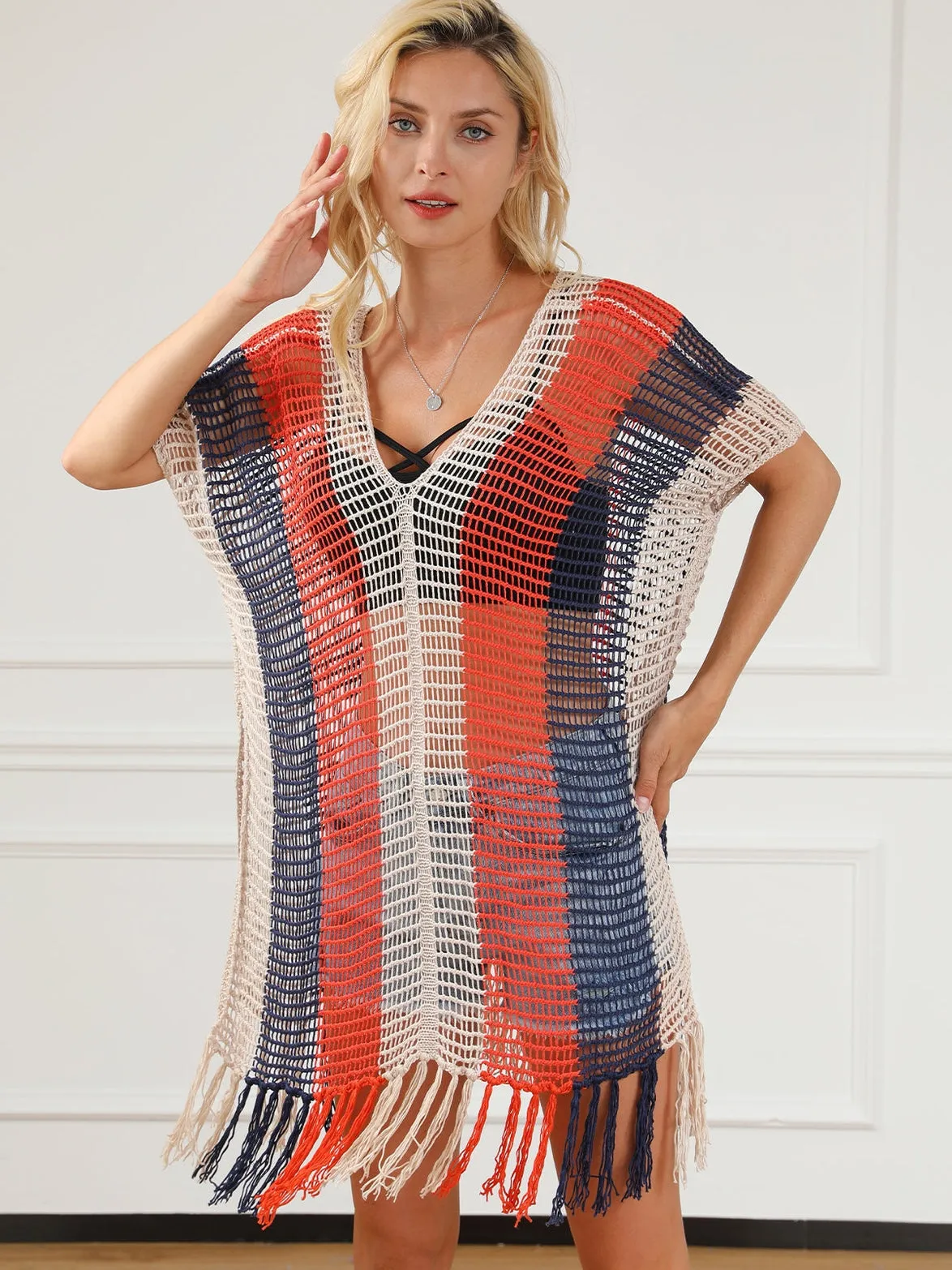 Beach Ready Striped Crochet Tassel Cover Up Dress