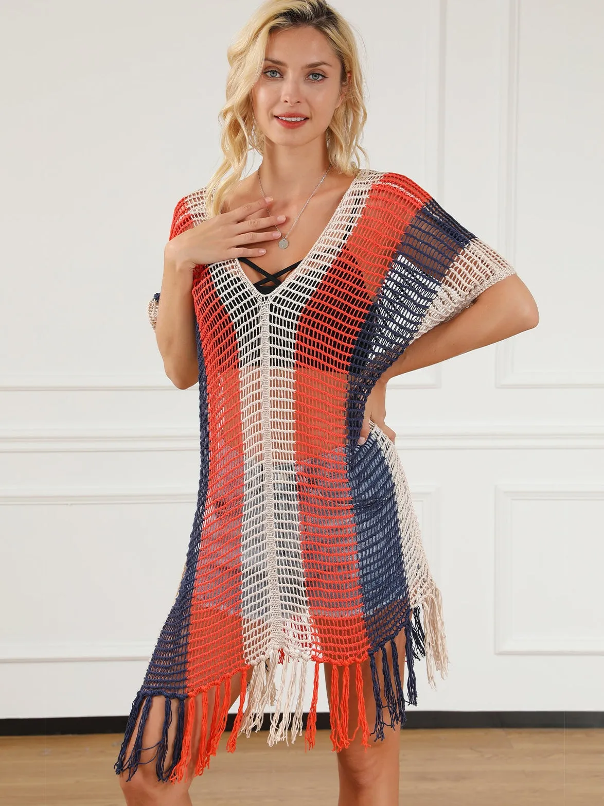 Beach Ready Striped Crochet Tassel Cover Up Dress
