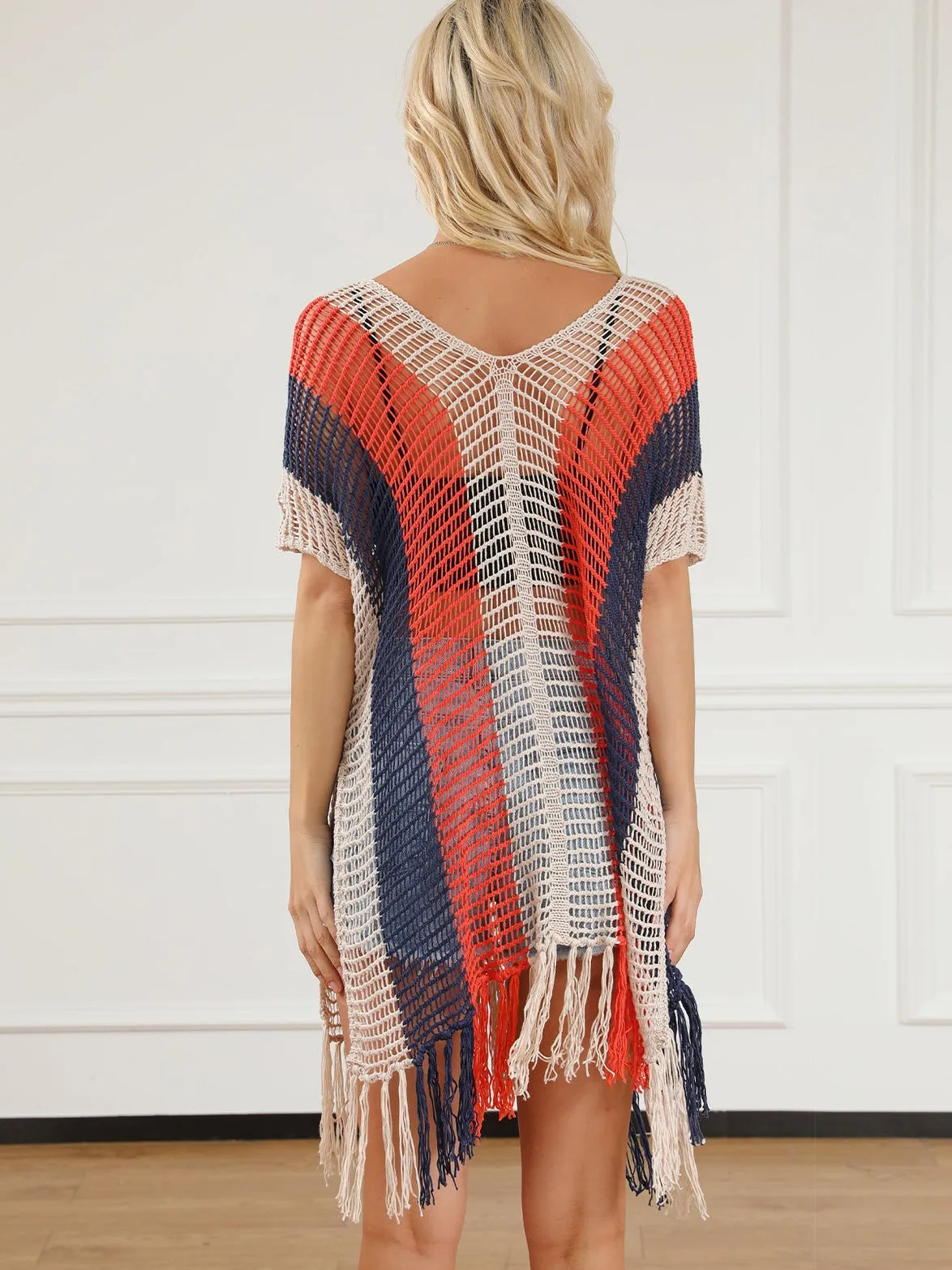 Beach Ready Striped Crochet Tassel Cover Up Dress