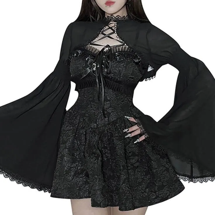 Black Bell Sleeve Lace Up Bolero Cardigan