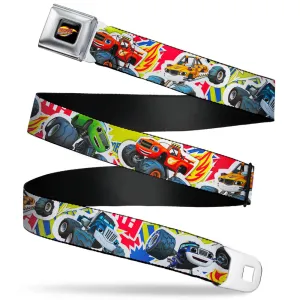 BLAZE AND THE MONSTER MACHINES Logo Full Color Black/Orange/Yellow/Purple Seatbelt Belt - Blaze & 5-Trucks/Flames Collage Green/Multi Color Webbing