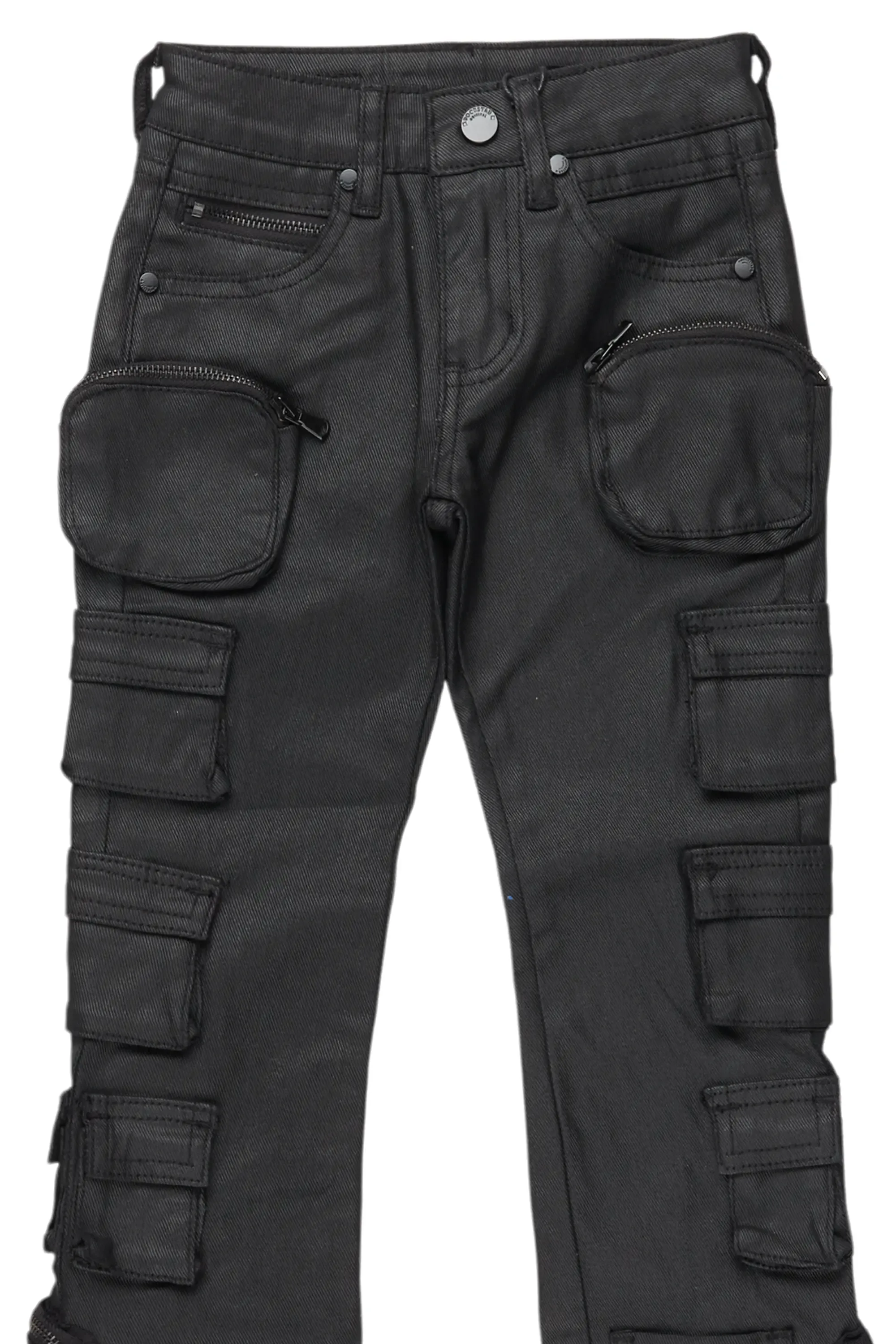 Boys Konrad Black Coated Stacked Flare Jean