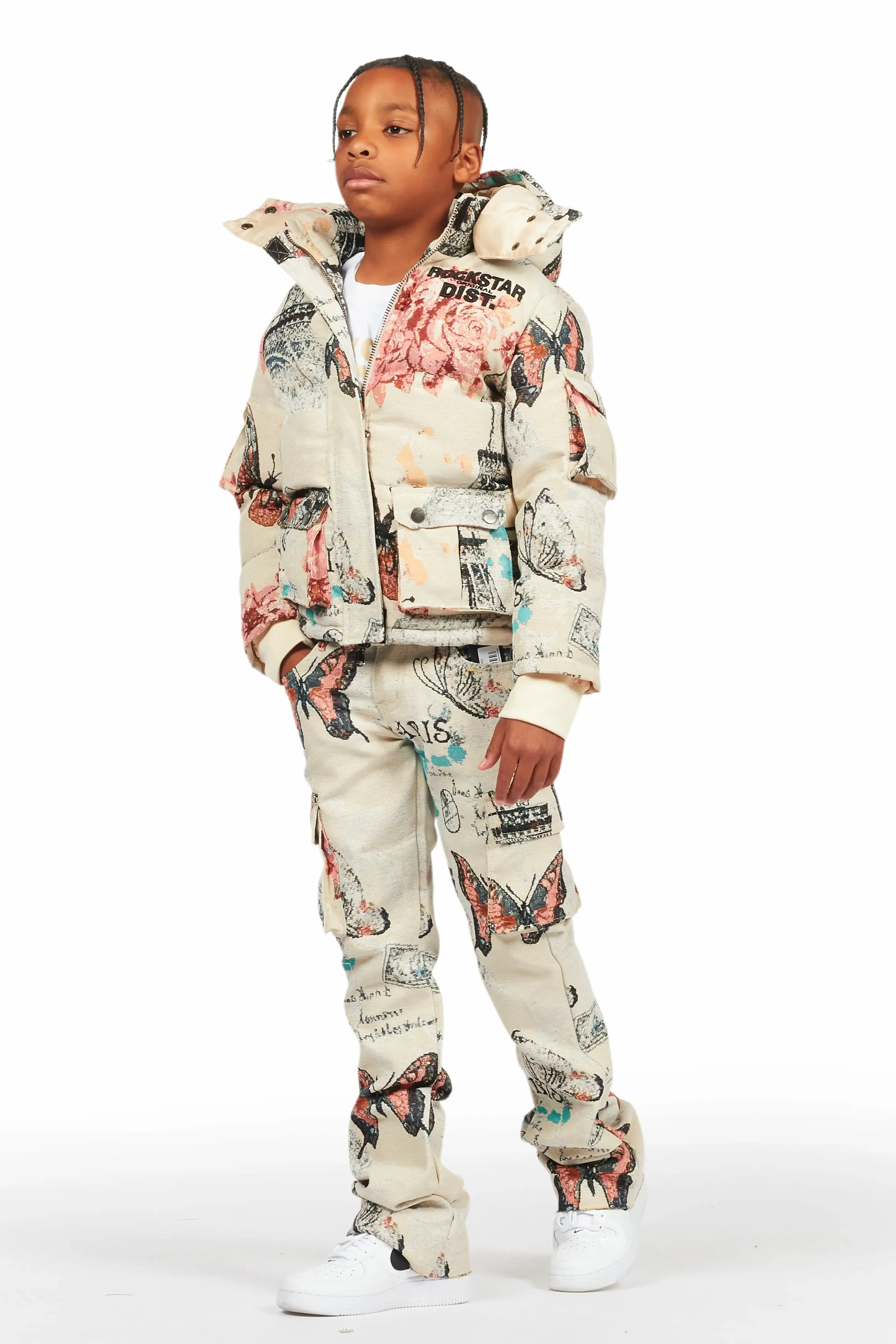 Boys Lamont Beige Multi Tapestry Stacked Flare Jean