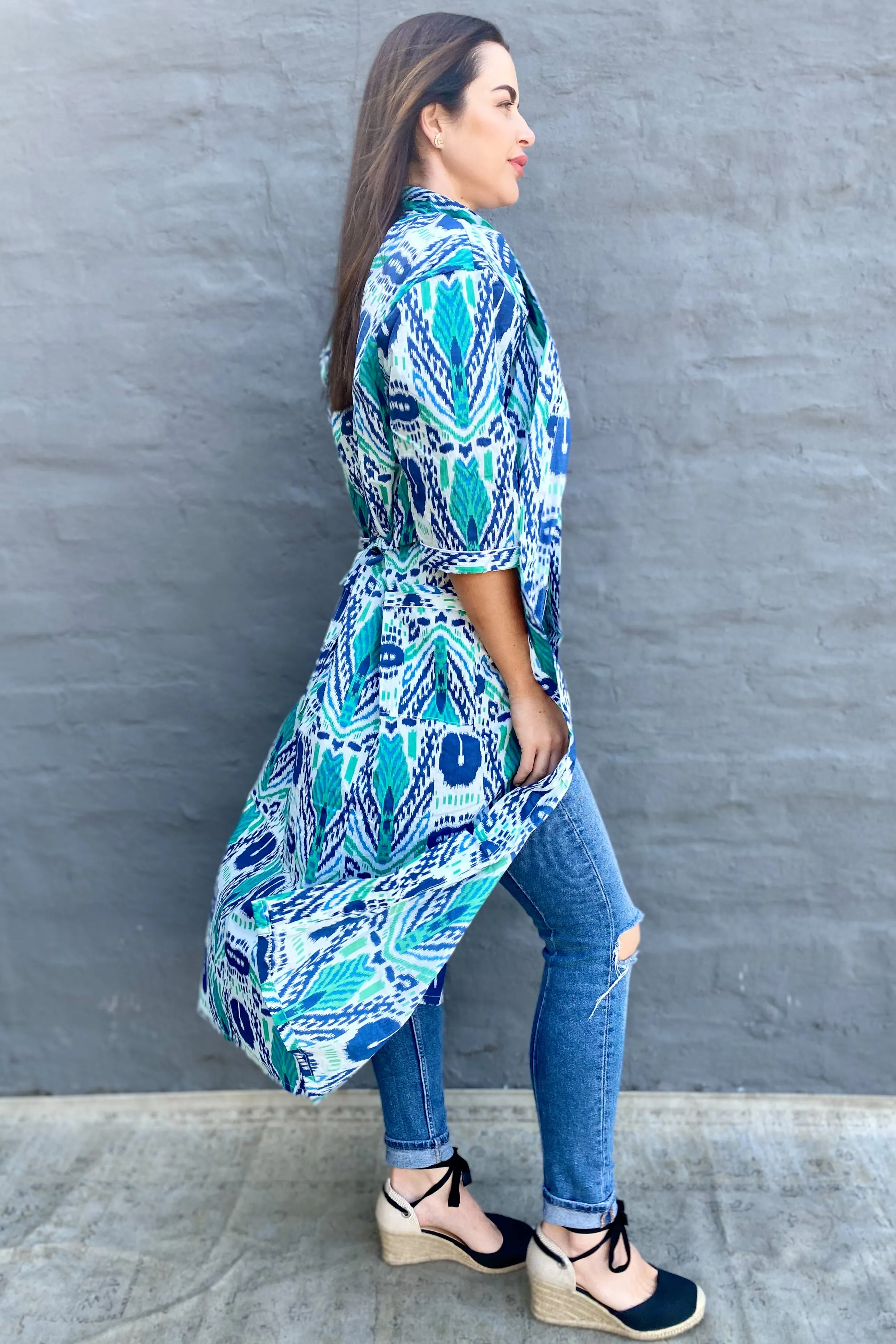 Cotton Kimono In Blue & Green Ikat