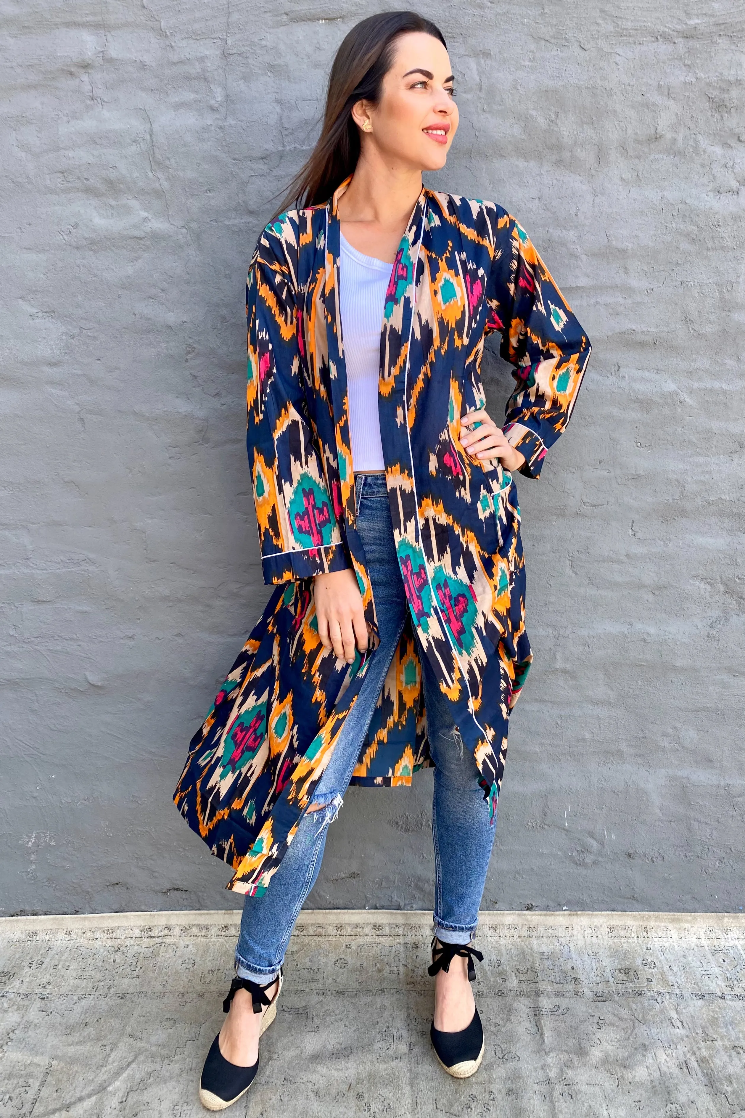 Cotton Kimono In Navy & Multi-Colour Ikat