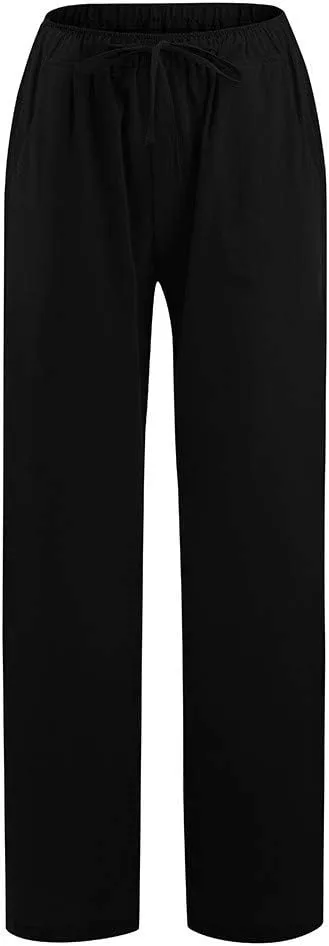Cotton Linen Pants Women Straight Leg Summer Casual Loose Drawstring High Waist Palazzo Lounge Trouser with Pockets