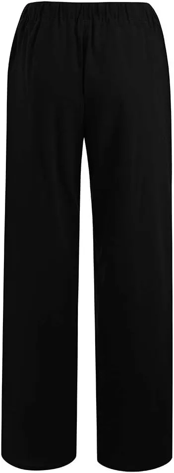 Cotton Linen Pants Women Straight Leg Summer Casual Loose Drawstring High Waist Palazzo Lounge Trouser with Pockets
