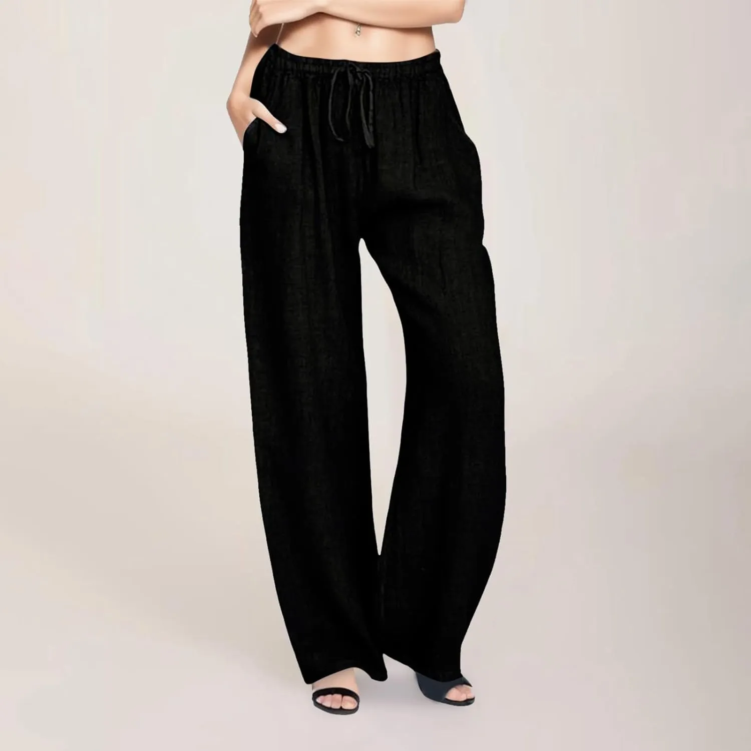Cotton Linen Pants Women Straight Leg Summer Casual Loose Drawstring High Waist Palazzo Lounge Trouser with Pockets