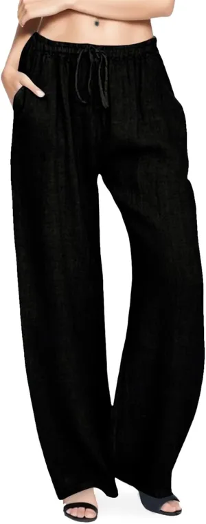 Cotton Linen Pants Women Straight Leg Summer Casual Loose Drawstring High Waist Palazzo Lounge Trouser with Pockets