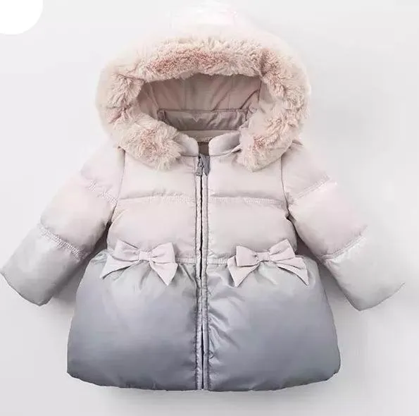 Down Filled Winter Jacket with Bows and Fur Hood