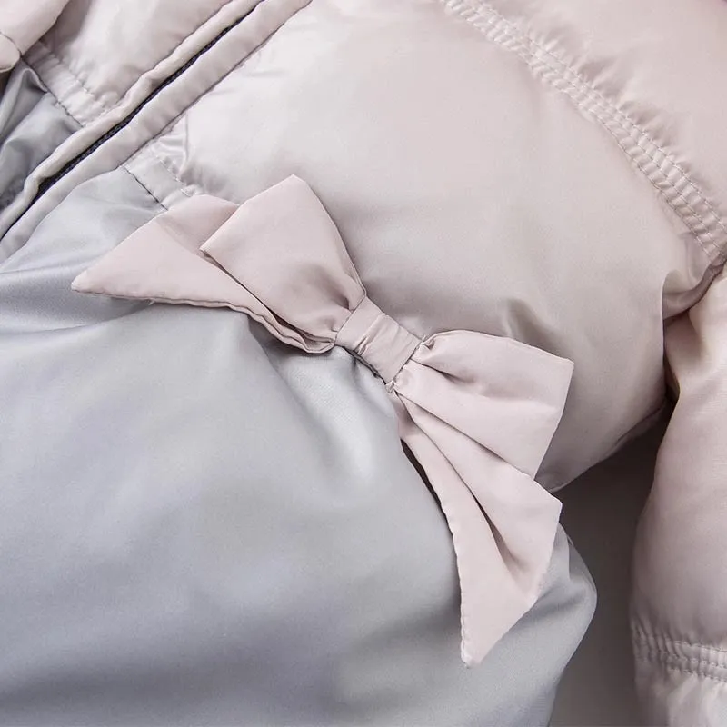 Down Filled Winter Jacket with Bows and Fur Hood