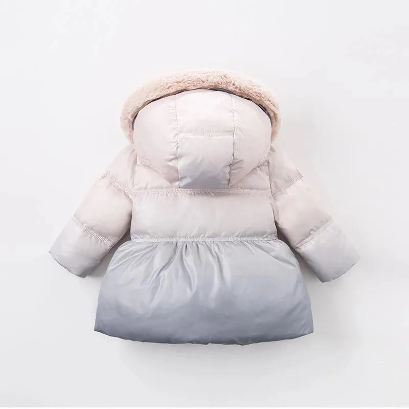 Down Filled Winter Jacket with Bows and Fur Hood