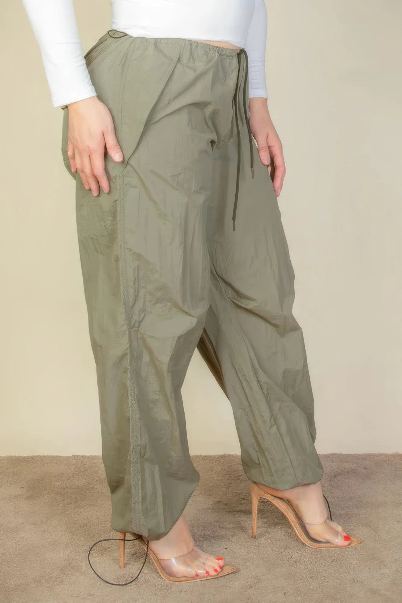 Drawstring Waist Parachute Plus Pants