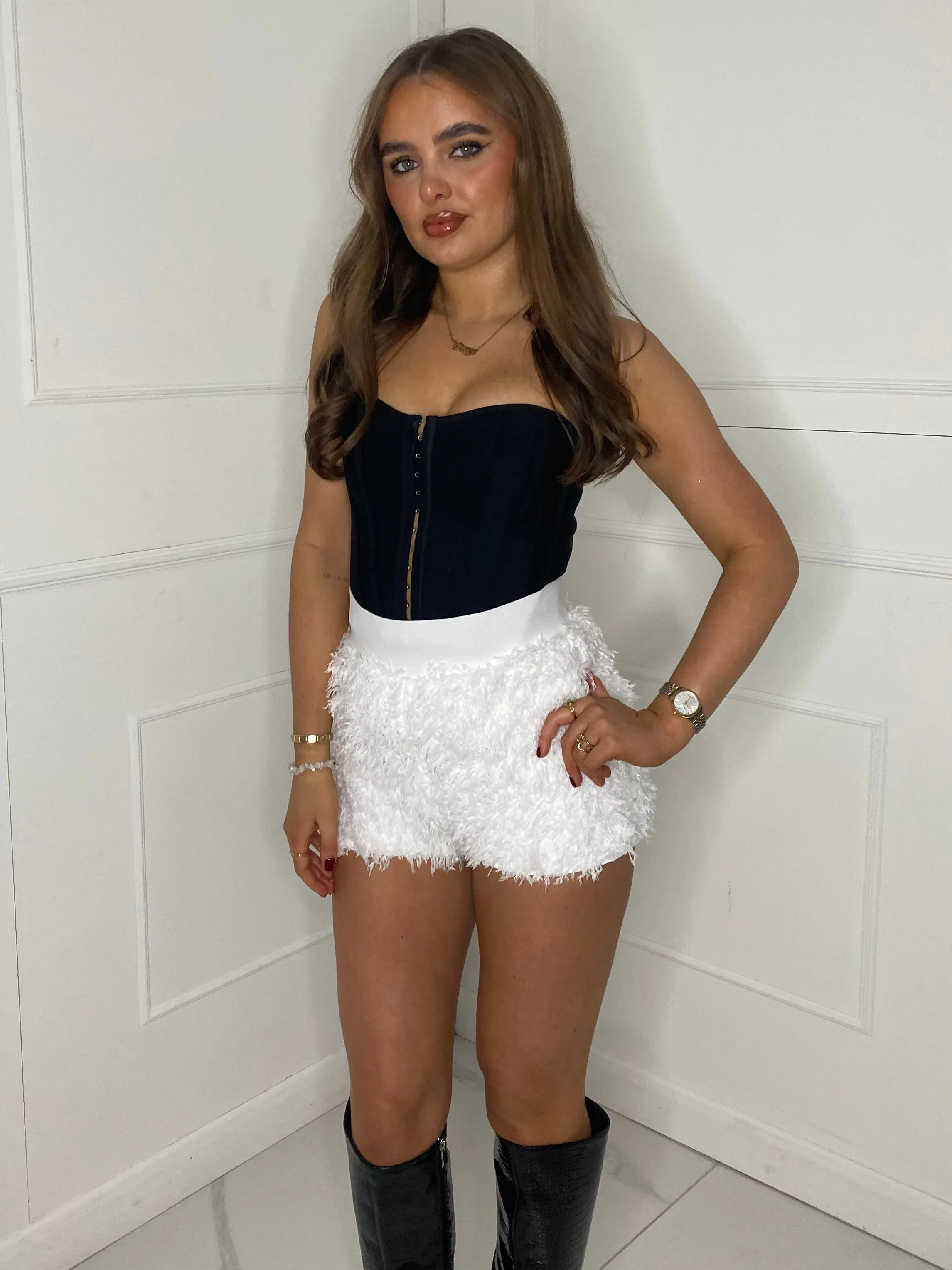 Feather Band Detail Shorts - White