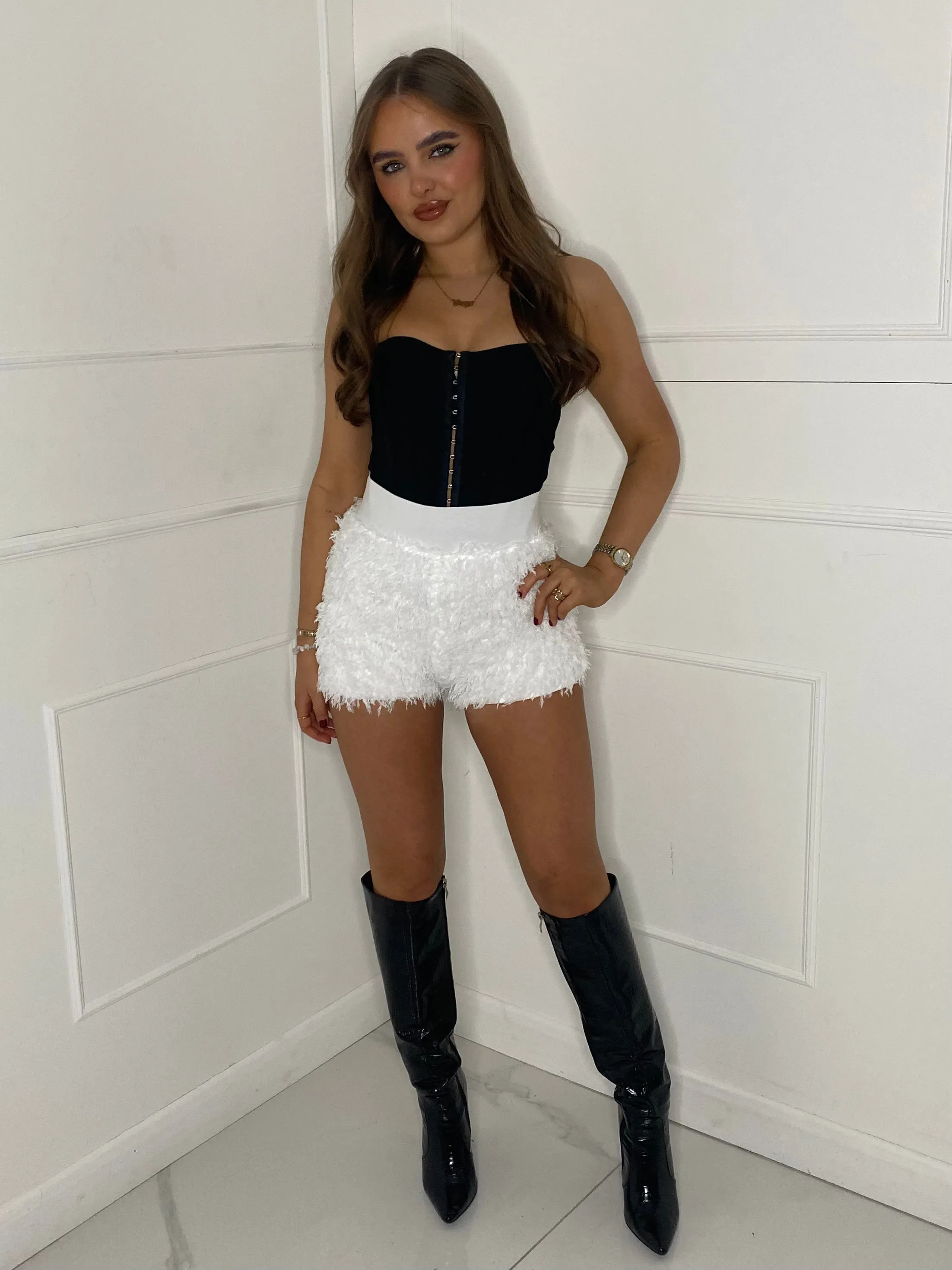 Feather Band Detail Shorts - White